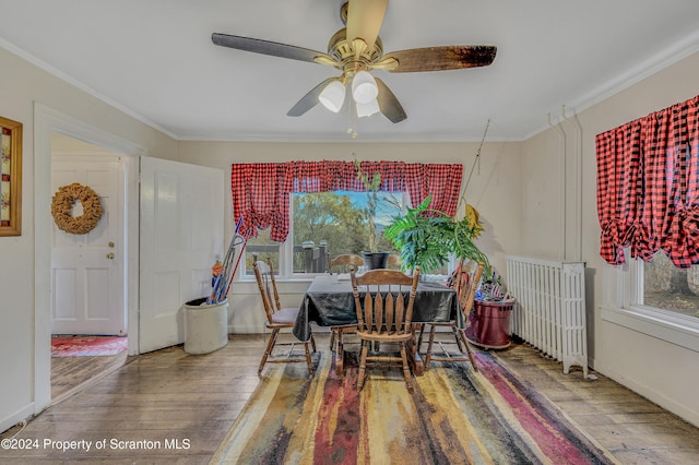 dining space with ceiling fan, hardwood / wood-style floors, a healthy amount of sunlight, and ornamental molding