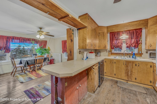 kitchen featuring ornamental molding, ceiling fan, sink, light hardwood / wood-style flooring, and dishwasher