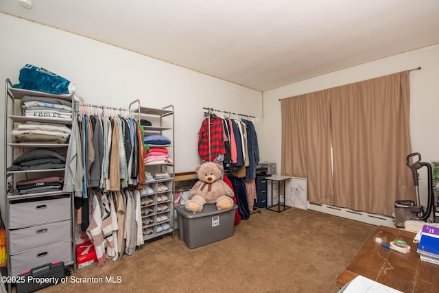 spacious closet with baseboard heating and carpet floors