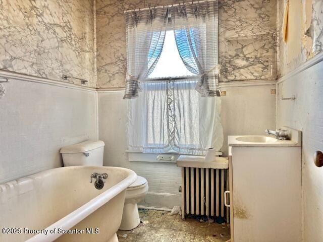 bathroom with radiator heating unit, plenty of natural light, a bathtub, and vanity