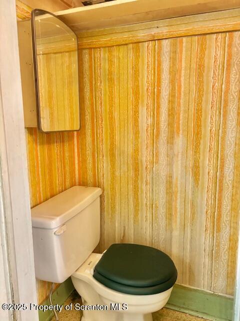 bathroom with wood walls and toilet