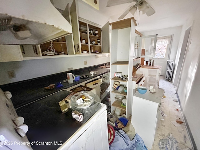 kitchen featuring radiator, under cabinet range hood, ceiling fan, and open shelves