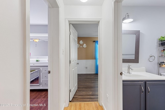 bathroom featuring ceiling fan, hardwood / wood-style flooring, and vanity