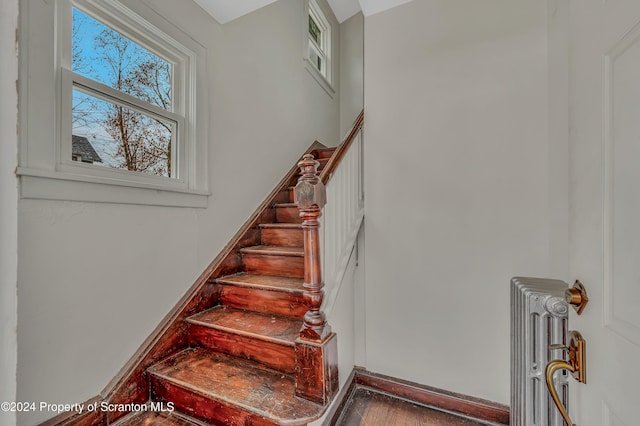 stairs with hardwood / wood-style floors and radiator