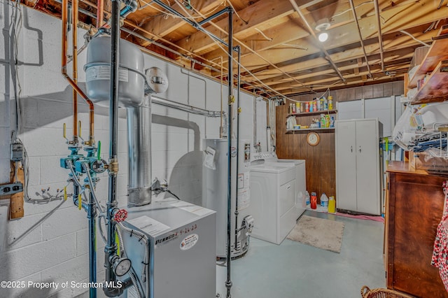 unfinished below grade area with a heating unit, gas water heater, and washing machine and clothes dryer