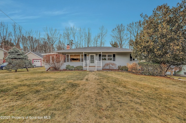 single story home with a garage, covered porch, a chimney, and a front yard