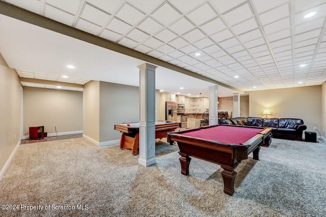 playroom featuring light colored carpet and billiards