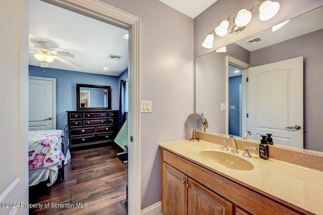 bathroom with ceiling fan, vanity, and wood-type flooring