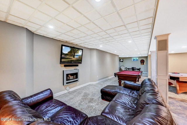 carpeted living room with pool table