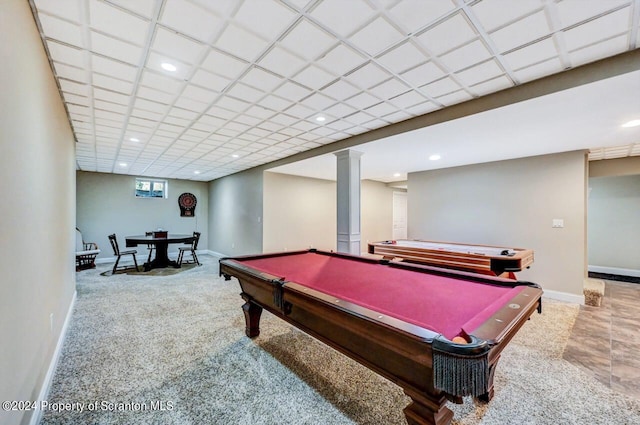 rec room featuring light colored carpet and billiards