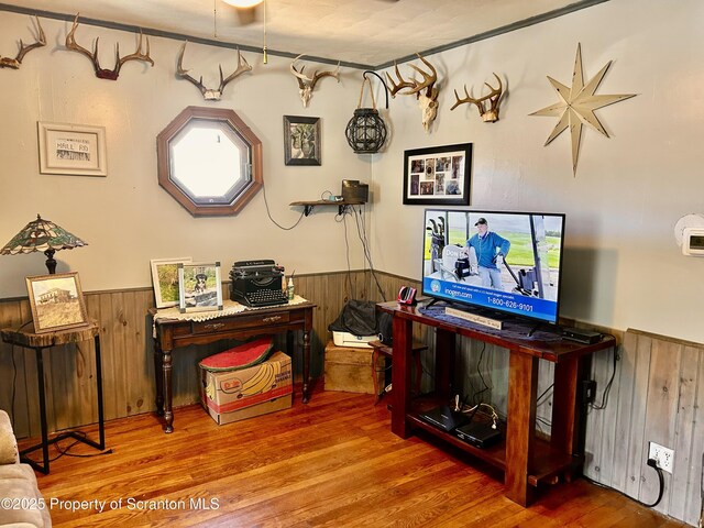 4886 State Route 11, Hop Bottom, PA 18824 - interior space featuring wooden walls, a wainscoted wall, and wood finished floors