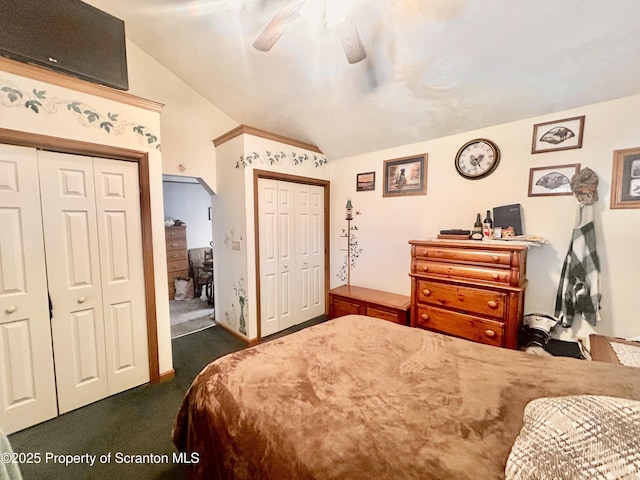 4886 State Route 11, Hop Bottom, PA 18824 - bedroom featuring multiple closets, dark colored carpet, ceiling fan, and vaulted ceiling