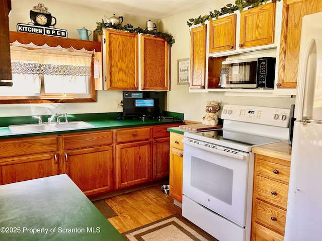 4886 State Route 11, Hop Bottom, PA 18824 - kitchen featuring a sink, light countertops, white appliances, brown cabinetry, and light wood finished floors