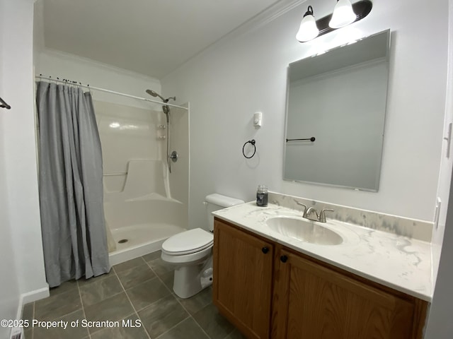 bathroom with vanity, curtained shower, ornamental molding, and toilet