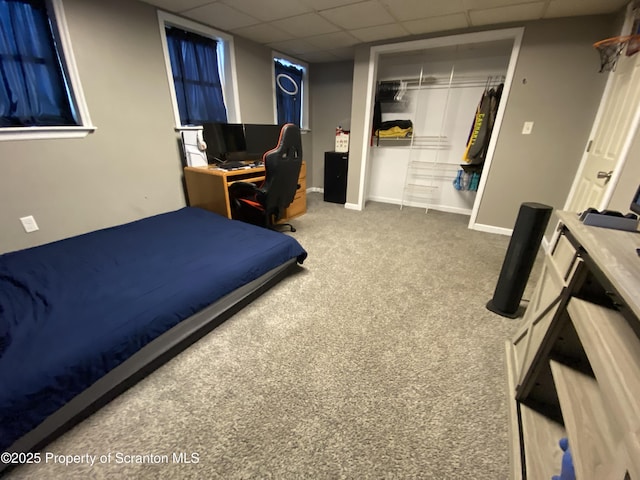 bedroom featuring carpet floors, a closet, and a drop ceiling