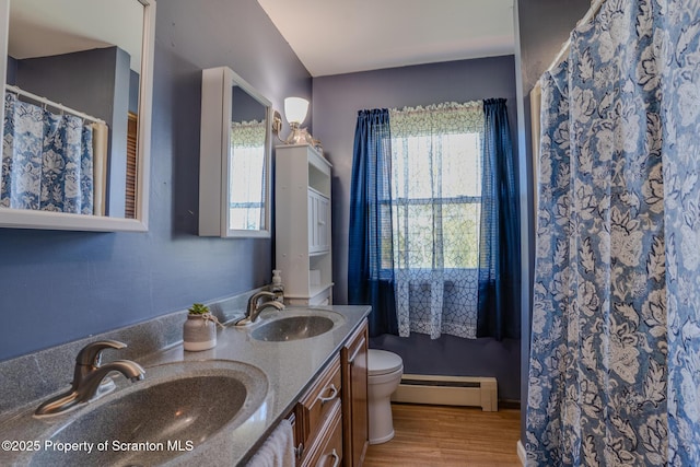 bathroom featuring a sink, a baseboard radiator, and a healthy amount of sunlight