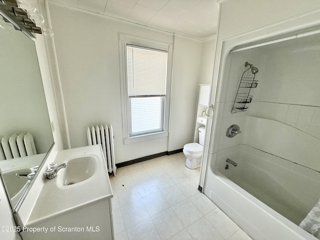 full bath with shower / bathtub combination, vanity, toilet, and radiator