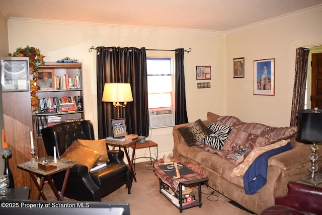 616 Delaware St, Scranton, PA 18509 - living room with crown molding, carpet floors, and cooling unit