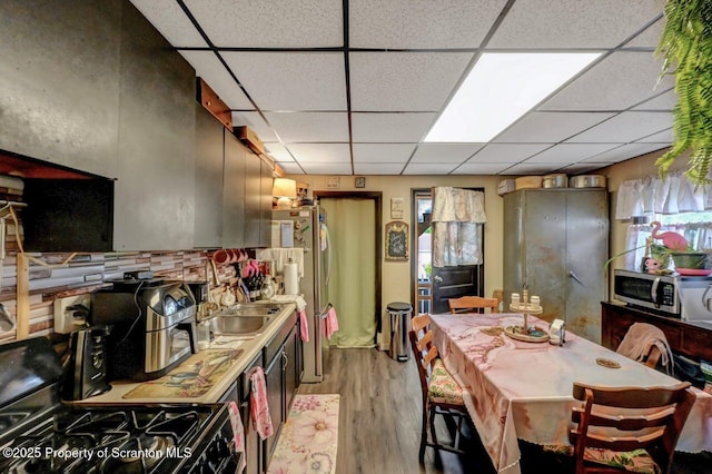 1223 Eynon St 1221, Scranton, PA 18504 - kitchen featuring appliances with stainless steel finishes, a paneled ceiling, light wood-type flooring, a sink, and backsplash