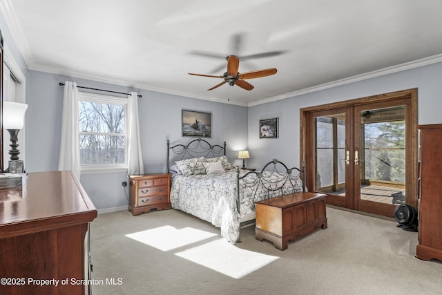 bedroom featuring french doors, crown molding, light carpet, ceiling fan, and access to outside