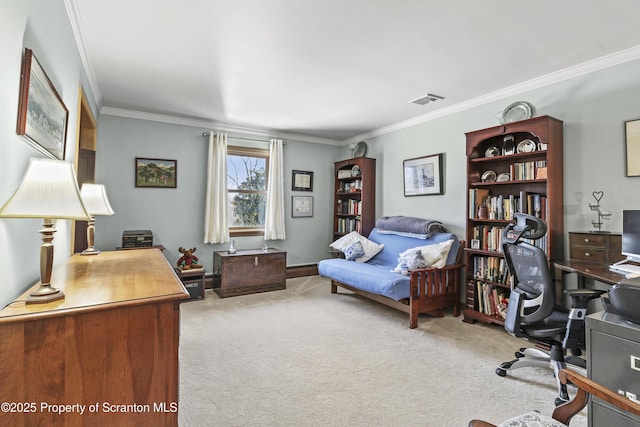 home office with ornamental molding, light carpet, and visible vents