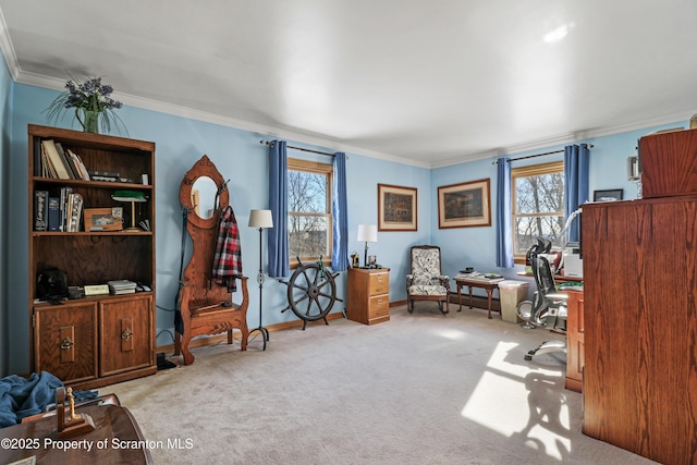 home office with crown molding, baseboards, and light colored carpet