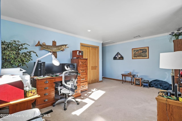 office space with visible vents, crown molding, light carpet, and baseboards