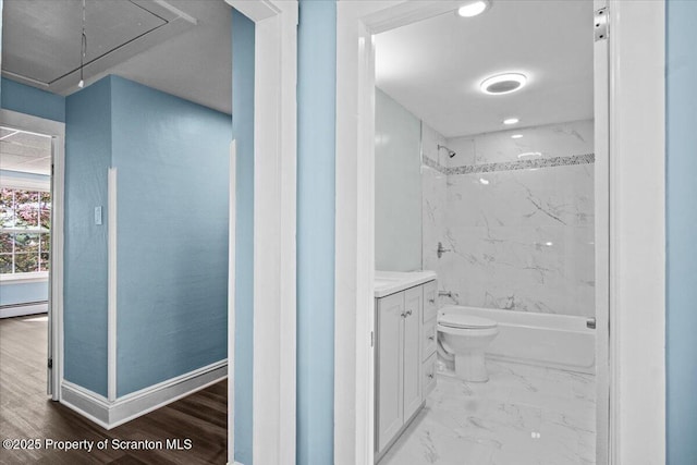 316 Sibley Ave, Old Forge, PA 18518 - full bath featuring  shower combination, toilet, vanity, baseboards, and a baseboard radiator