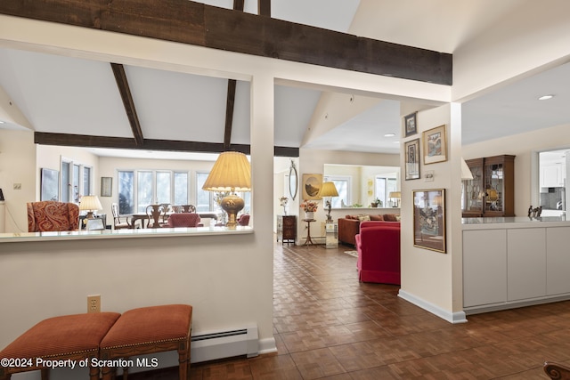 living room with high vaulted ceiling, dark parquet flooring, baseboard heating, and beamed ceiling