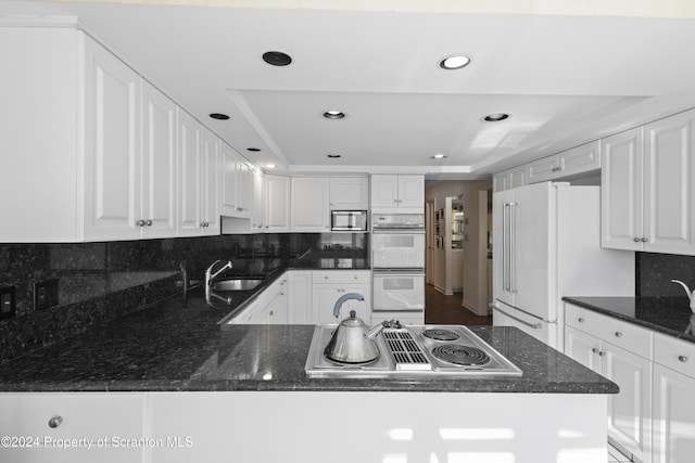 kitchen featuring stainless steel appliances, white cabinetry, and a tray ceiling