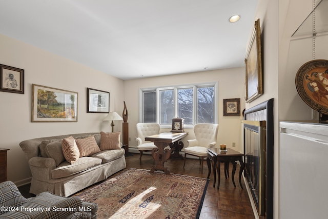 living room featuring dark parquet flooring and a fireplace