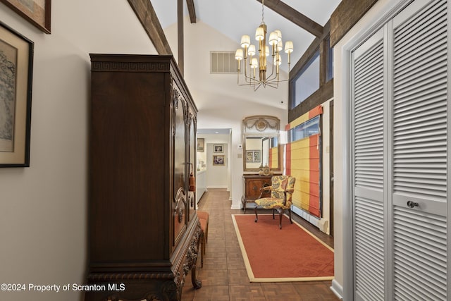 hallway featuring high vaulted ceiling, a chandelier, and beam ceiling