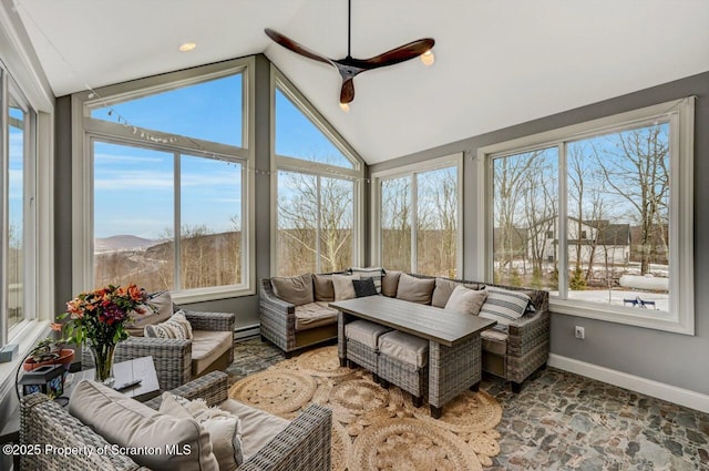 sunroom / solarium featuring lofted ceiling, ceiling fan, and baseboard heating