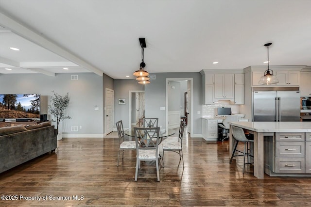 dining space with recessed lighting, dark wood-style flooring, visible vents, baseboards, and beam ceiling