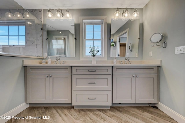 bathroom with double vanity, plenty of natural light, wood finished floors, and baseboards