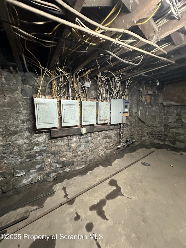 unfinished basement featuring electric panel