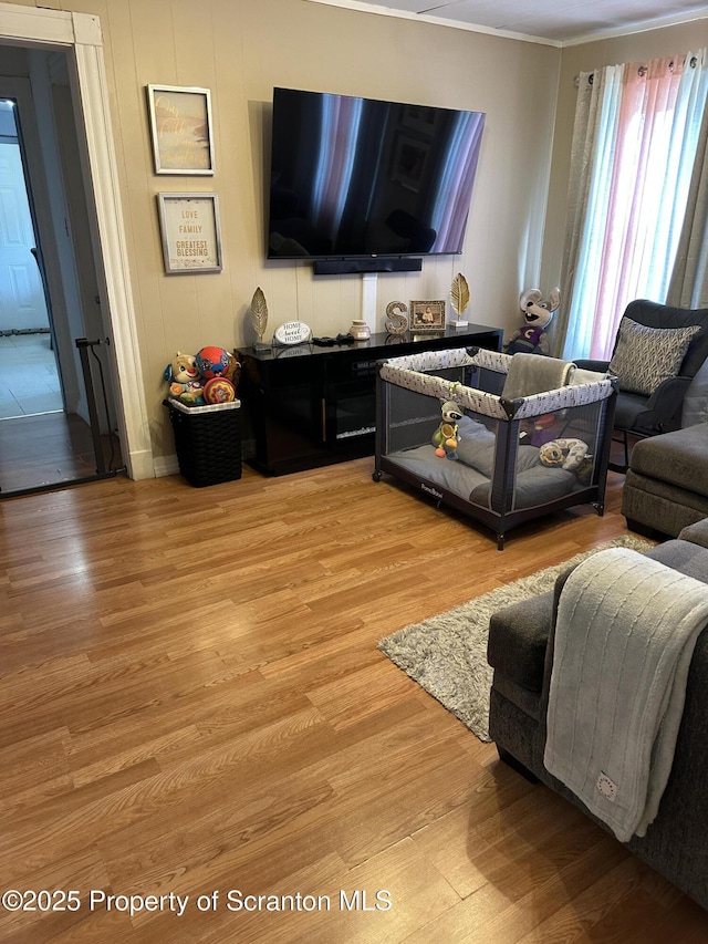 living area featuring light wood finished floors and crown molding