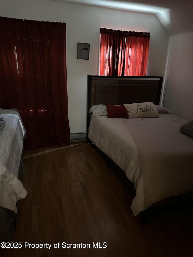 bedroom with a baseboard radiator and wood finished floors