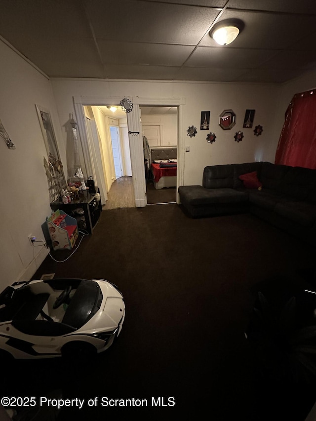 living room featuring a drop ceiling