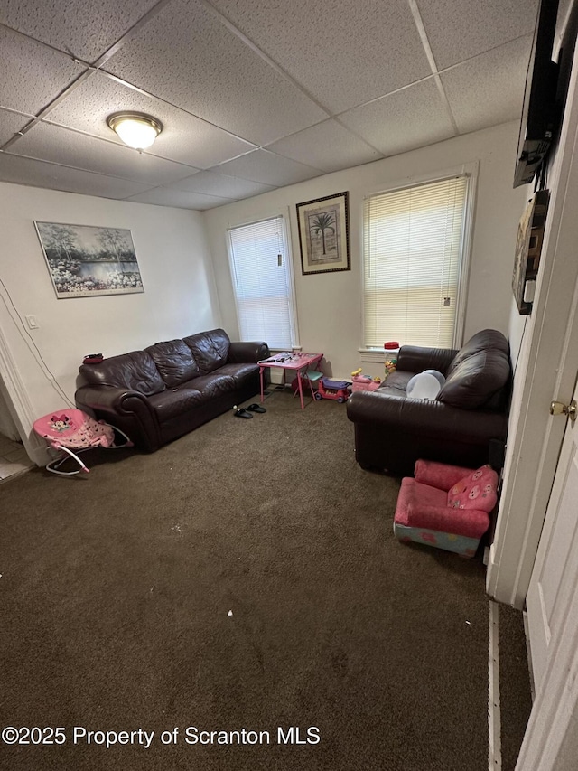 carpeted living room with a drop ceiling