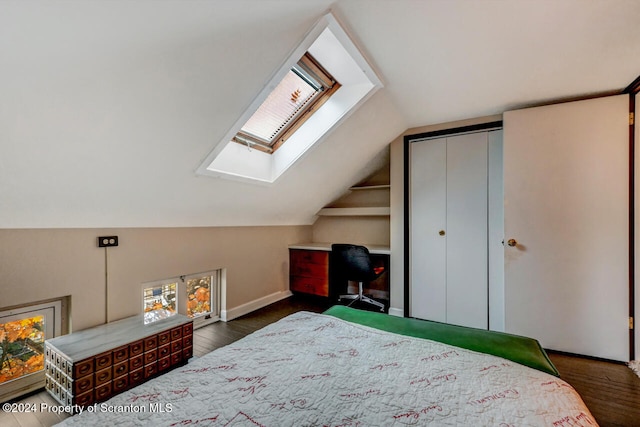 bedroom featuring a closet, lofted ceiling with skylight, dark hardwood / wood-style flooring, and multiple windows