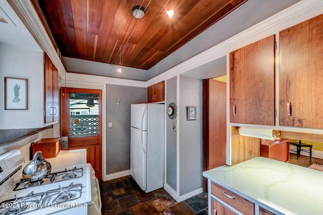 kitchen featuring white appliances and wood ceiling