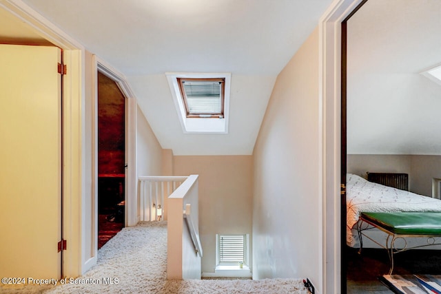 hall with carpet floors and lofted ceiling with skylight