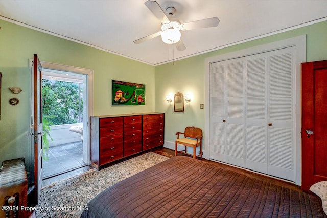 bedroom with access to exterior, ceiling fan, a closet, and wood-type flooring