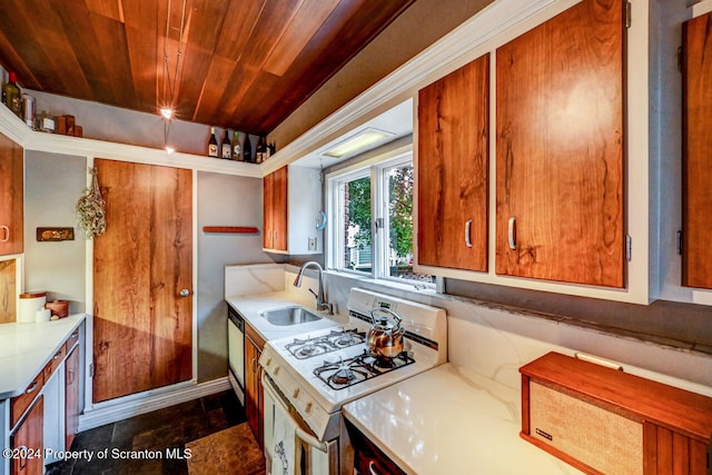 kitchen with sink, stainless steel dishwasher, wooden ceiling, and white gas stove