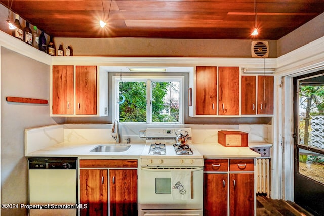 kitchen featuring sink, wood ceiling, and white appliances