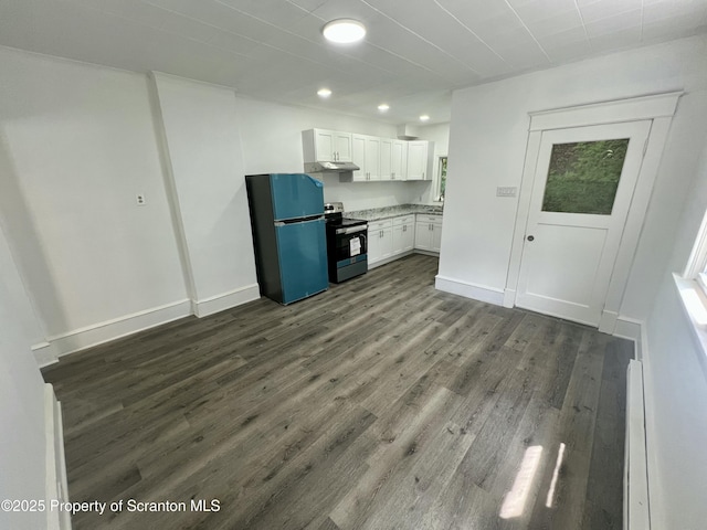 133-135 Newport St, Glen Lyon, PA 18617 - kitchen featuring electric range, freestanding refrigerator, recessed lighting, dark wood-style flooring, and white cabinetry