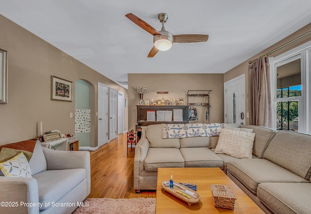 1017 Willow St Unit L14-15, Scranton, PA 18505 - living room with ceiling fan, light wood-type flooring, and arched walkways