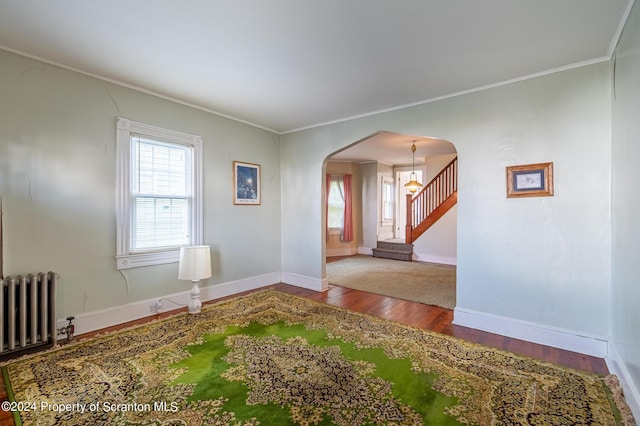 interior space with crown molding, hardwood / wood-style flooring, and radiator