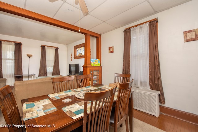 dining area featuring a paneled ceiling, ceiling fan, radiator heating unit, and hardwood / wood-style flooring